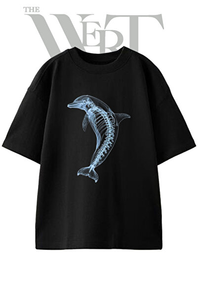 THEWERT Dolphin Skeleton Design Printed Unisex Black Oversize T-Shirt