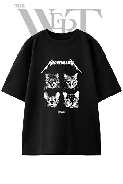 THEWERT Tricou oversize negru unisex cu imprimeu Metallica Cat Design