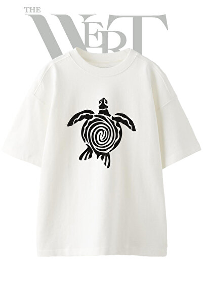 THEWERT Tribal Turtle Design Printed Unisex White Oversize T-Shirt