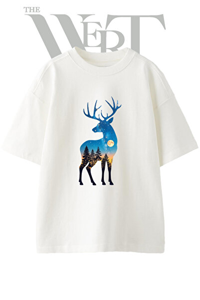 THEWERT Deer Moon Forest Design Printed Unisex White Oversize T-Shirt