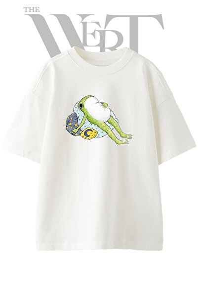 THEWERT Tricou oversize alb unisex cu imprimeu Lazy Frog Design