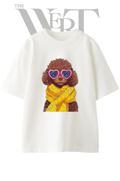 THEWERT Poodle Sunglasses Design Printed Unisex White Oversize T-Shirt
