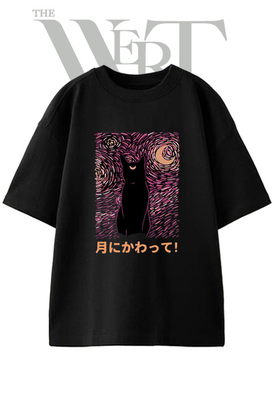 THEWERT Tricou negru oversize unisex cu imprimeu Sailor Moon Luna Design