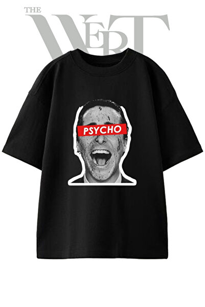 THEWERT تي شيرت أسود كبير الحجم مطبوع بتصميم American Psycho Design للجنسين