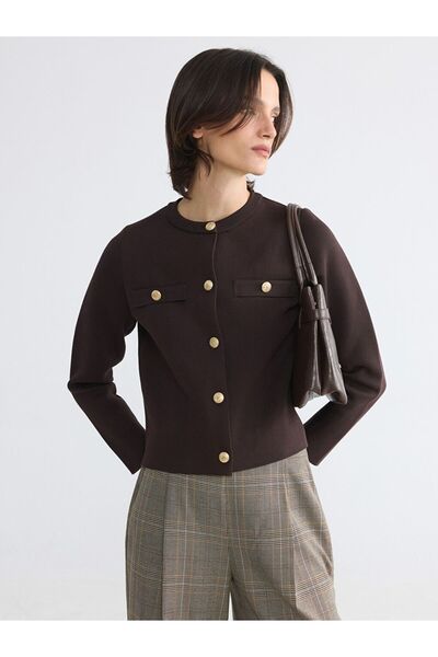 LC Waikiki Γυναικεία πλεκτή ζακέτα LCWAIKIKI Classic Brown με λαιμόκοψη