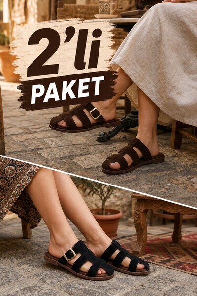 Moda Frato ASSOS 2'Lİ PAKET Süet Kapalı Kadın Terlik Rahat Taban Dış Mekan & Ev Terliği
