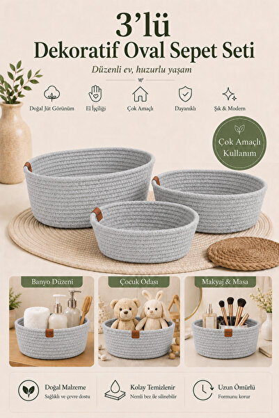 Fabrix Home 3-Piece Oval Decorative Cotton Basket Set Gray Color Multi-Purpos...