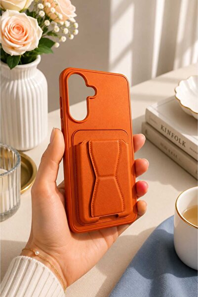 Case SAMSUNG GALAXY A57 TURUNCU Deri Standlı Kılıf