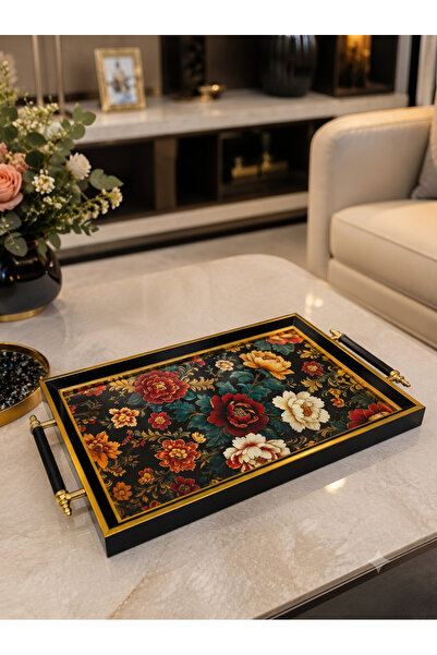Leila Premium Aynalı Efsun Siyah Çerçeveli Dekoratif Tepsi Altın Detaylı 46x2...