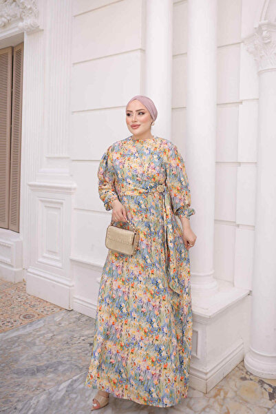 İmajButik Yellow Elastic Sleeve Dress with Buckle Detail