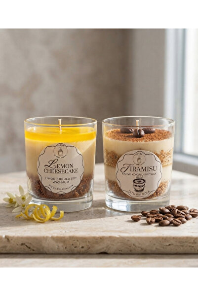 Noure Candle Studio 2'li Limonlu ve Kahveli Tatlı Tasarımlı Soya Mum Seti