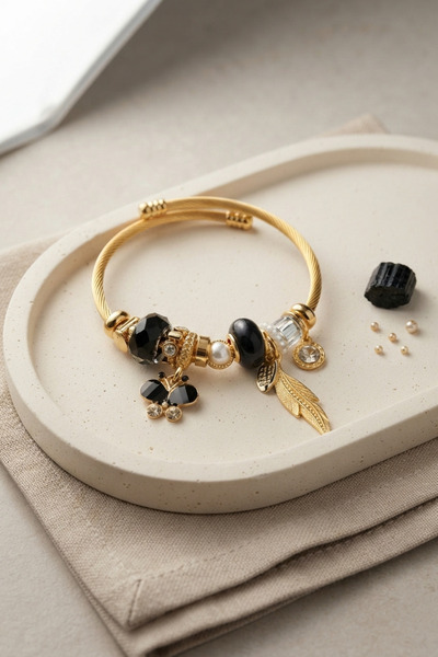 Mega Bazaar Butterfly Model Gold Color Black Charm Bracelet