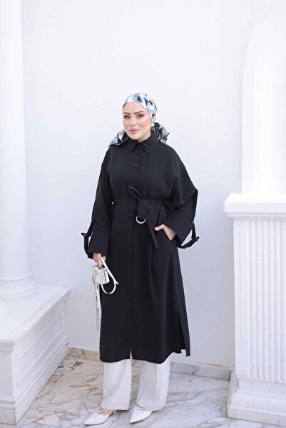 İmajButik Black Oversized Tunic with Waist Belt and Pockets