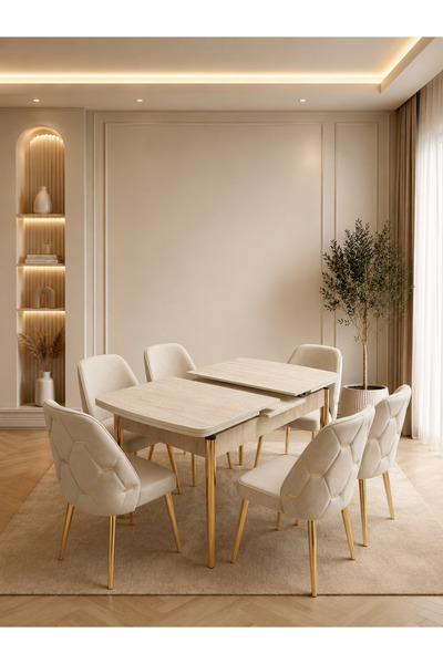 Concept Ayz Home Serena Gold 6 Kişilik Traverten 80x130 MDF Krem Kumaş Yemek ...