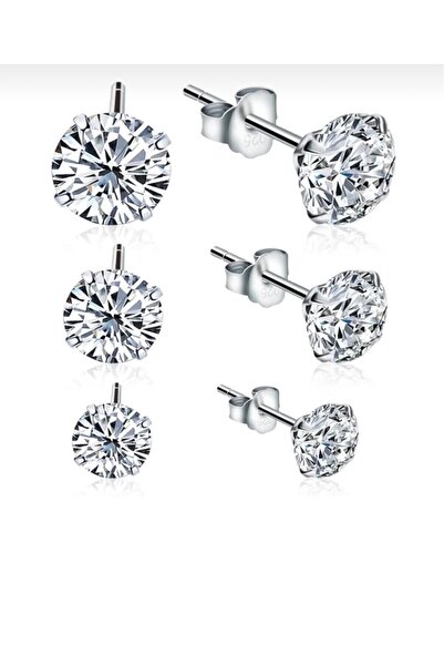 LA MİA FELİCİTA 925 Ayar Gümüş 4 MM 5 MM 6 MM Tektaş Zirkon Küpe Üç Çift Set ...