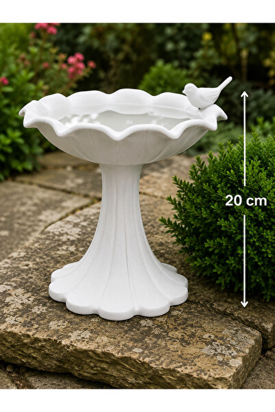 Dekor66 Kuş Figürlü Bahçe Kuş Banyosu Dekoru 20 cm Beyaz Balkon ve Bahçe Süsü