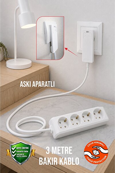 Aryes 4'lü Topraklı Uzatma Kablosu 3 Metre İnce Fişli 3x1.5 TTR Tam Bakır
