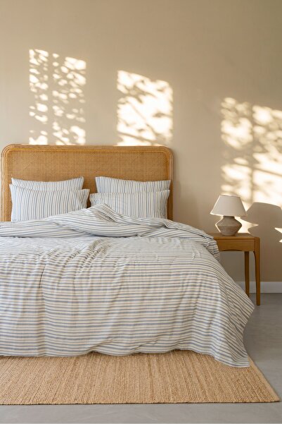 Bej Home Cream Colored Blue Striped Double Duvet Cover Set 200X220