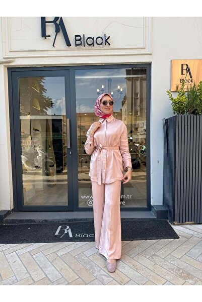 TERZİ DÜKKANI D87 Velar Lyocell Keten Pantolonlu Kadın Takım Pudra Pembe