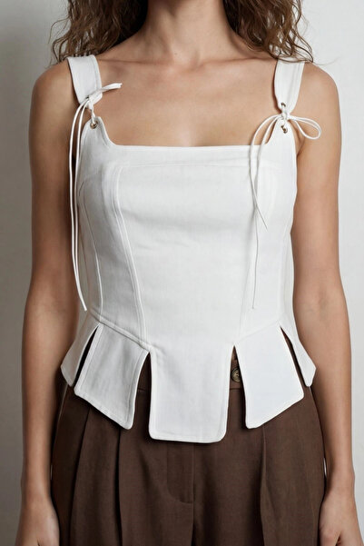 Myra Linen Corse Blouse with Strap Detail-White