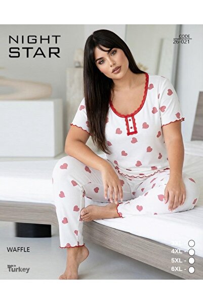 Night Star İkon Lace Detailed Pale Heart Patterned Waffle Plus Size Pajama Set