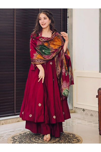 MYSMAR Maroon Chinnon Silk Top Palazzo & Dupatta - HRT3538 | Maroon-Size:M-38...