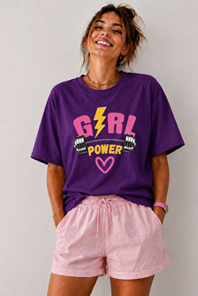 ArtYus تي شيرت فضفاض برقبة دائرية مطبوع عليه Girl Power للجنسين - تي شيرت قطن...