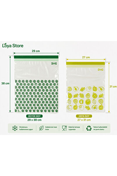 IKEA LOYA STORE KİLİTLENEBİLİR BUZDOLABI POŞETİ, YEŞİL, 6 lt ve 4,5 lt, 30 ADET