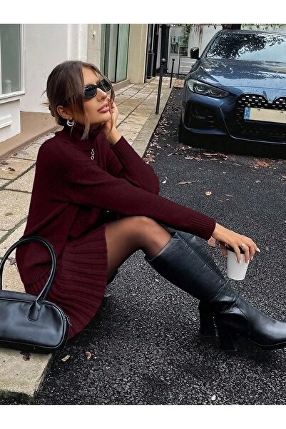 POİNE Pulover cu guler înalt și fustă mini plisată, set elegant de tricotaje