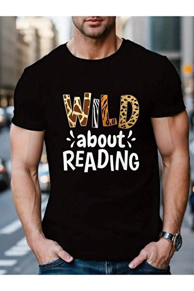 01THEONE تي شيرت رجالي أسود للعطلات من القطن 100%، بتصميم "Wild About Reading...