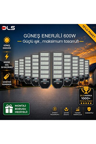DLS 10'lu Paket 600W Güneş Enerjili Solar Sokak Lambası Hareket Sensörlü LED ...