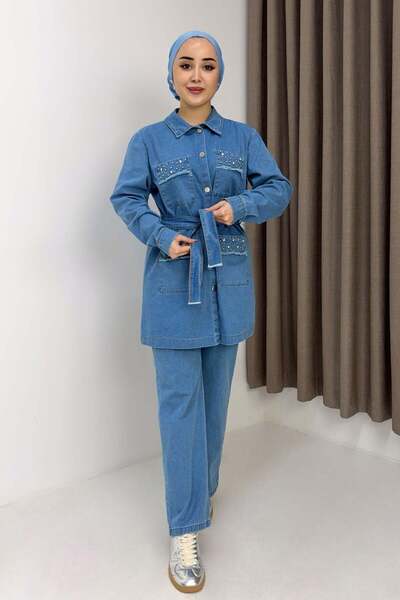 Raneel Kazançlı Alışveriş Women's stone detailed denim jacket and pants set -...