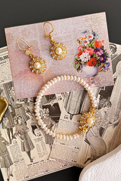 MADAM PEONY Adelaide's Heirloom Kadın Hakiki Kültür İncili Altın Kaplama Vintage Küpe ve Bileklik Seti