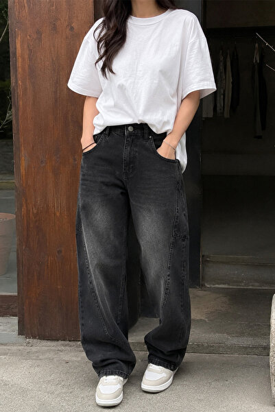 GRİİ WEAR Unisex Anthracite Washed Baggy Jeans with Stitching Detail