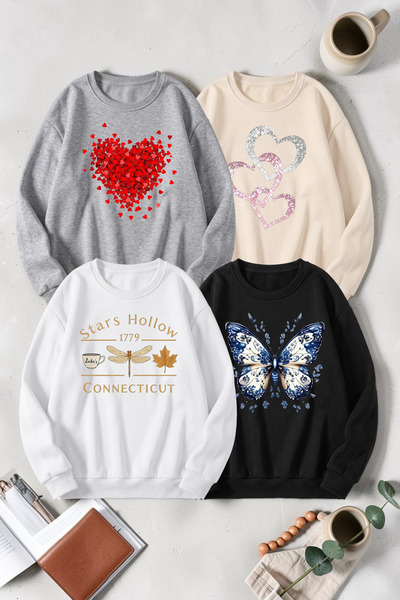 uyguntarz Unisex Mixed Printed Crew Neck Sweatshirt Set – Pack of 4