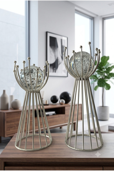Leila Modern Gümüş-Gümüş Kristal Dekoratif Küre 2'li Set