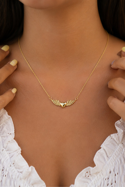 LİNOVE JEWELLERY 925 ayar gümüş melek kolye, Gümüş kalpli kanat kolye, Gümüş ...