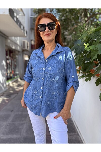 DenizEge Italian Embossed Guipure Shirt Indigo Blue