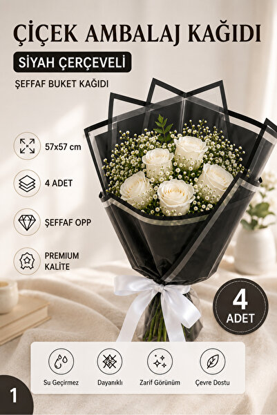 ÇINARASYADAHOME Şeffaf Kenarlı Siyah Çerçeveli Buket Ambalaj Kağıdı 57x57 cm ...