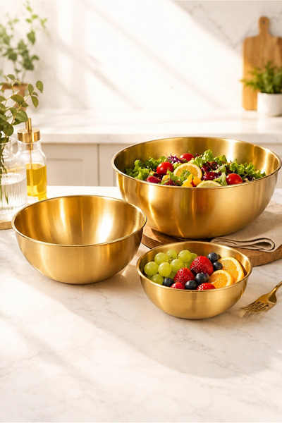KaiHome 3-Piece Gold Stainless Steel Mixing and Salad Bowl Set