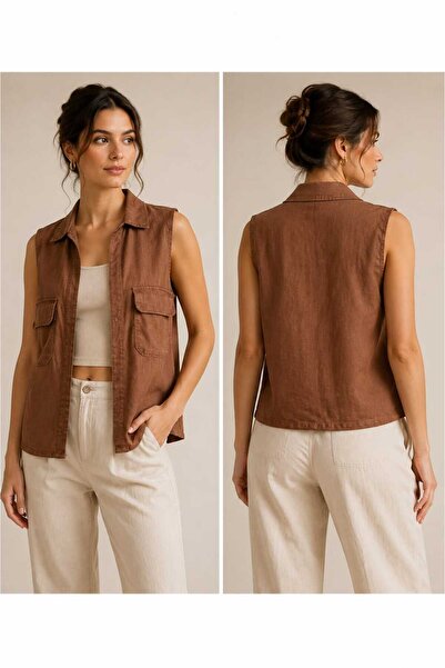 Generic Women's Brown Sleeveless Utility Vest – Button Front Pocket Casual Ja...