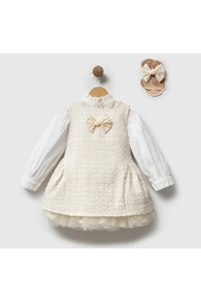 LİLİYUM Girl's Ecru Tweed Dress Shirt Set with Bow Detail and Tulle, Ages 2-5