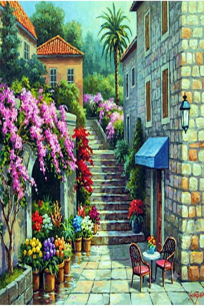 Hobiline Çiçekli Akdeniz Sokakları 50x65 Hı Stone 5D Elmas Boncuklu Taş işlem...