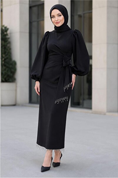 TRENDTESETTÜR KADIN SİYAH KENDİNDEN KUŞAKLI ABİYE ELBİSE T 5226