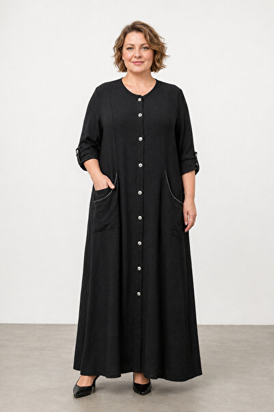 bihan store Women's Buttoned and Pocketed Linen Fabric Loose Long Dress 2611-...
