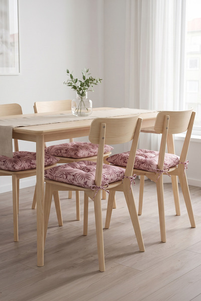 PH Prendi Home 6'lı Pembe Yaprak Desenli Bağcıklı Mutfak ve Bahçe Sandalye Minderi - 1. Kalite Boncuk Silikon Dolgulu