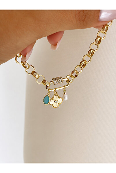 Bade Jewelry FD 14K Gold Renginde Yonca ve İnci Taş Detaylı Kararmaz Çelik Şı...