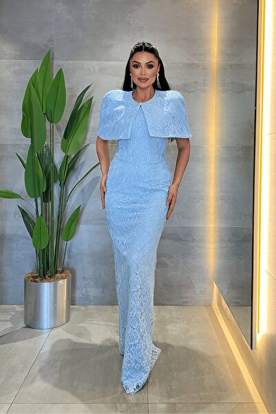 giyimmasalı Lace Fabric Strapless Jacket Detailed Evening Dress - Baby Blue