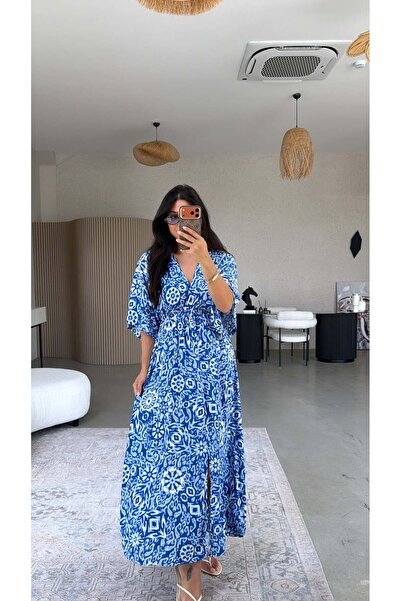 Buket Teke Blue Patterned Mykonos Viscose Fabric Dress