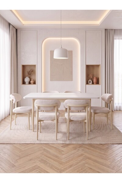 Concept Ayz Home Bella Serisi 6 Kişilik Krem Kumaş 80*130 Beyaz Açılır Masa S...